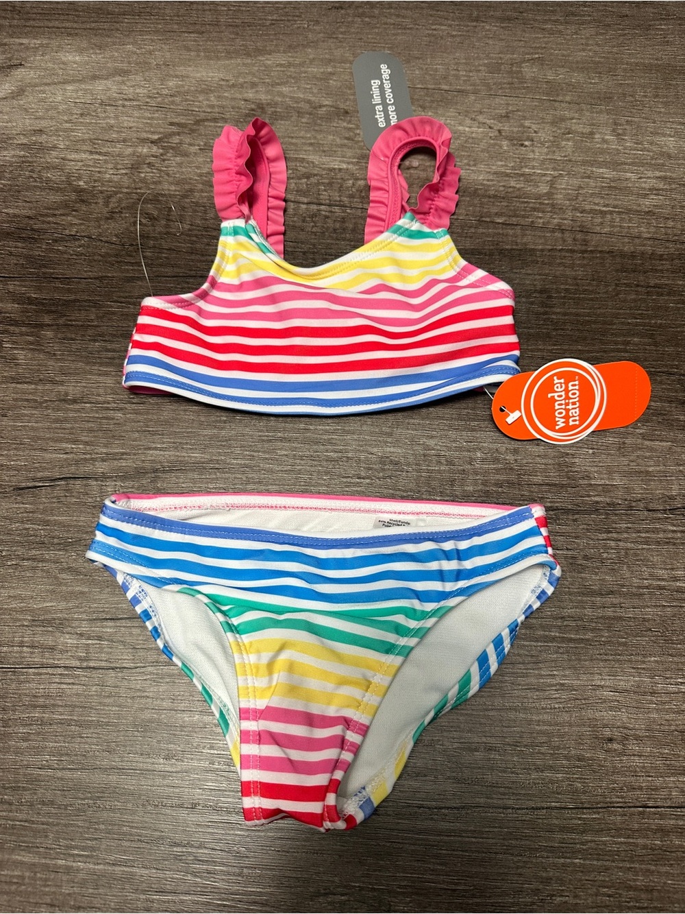 wonder nation Pink and Multicolor Rainbow Stripe Girls Bikini